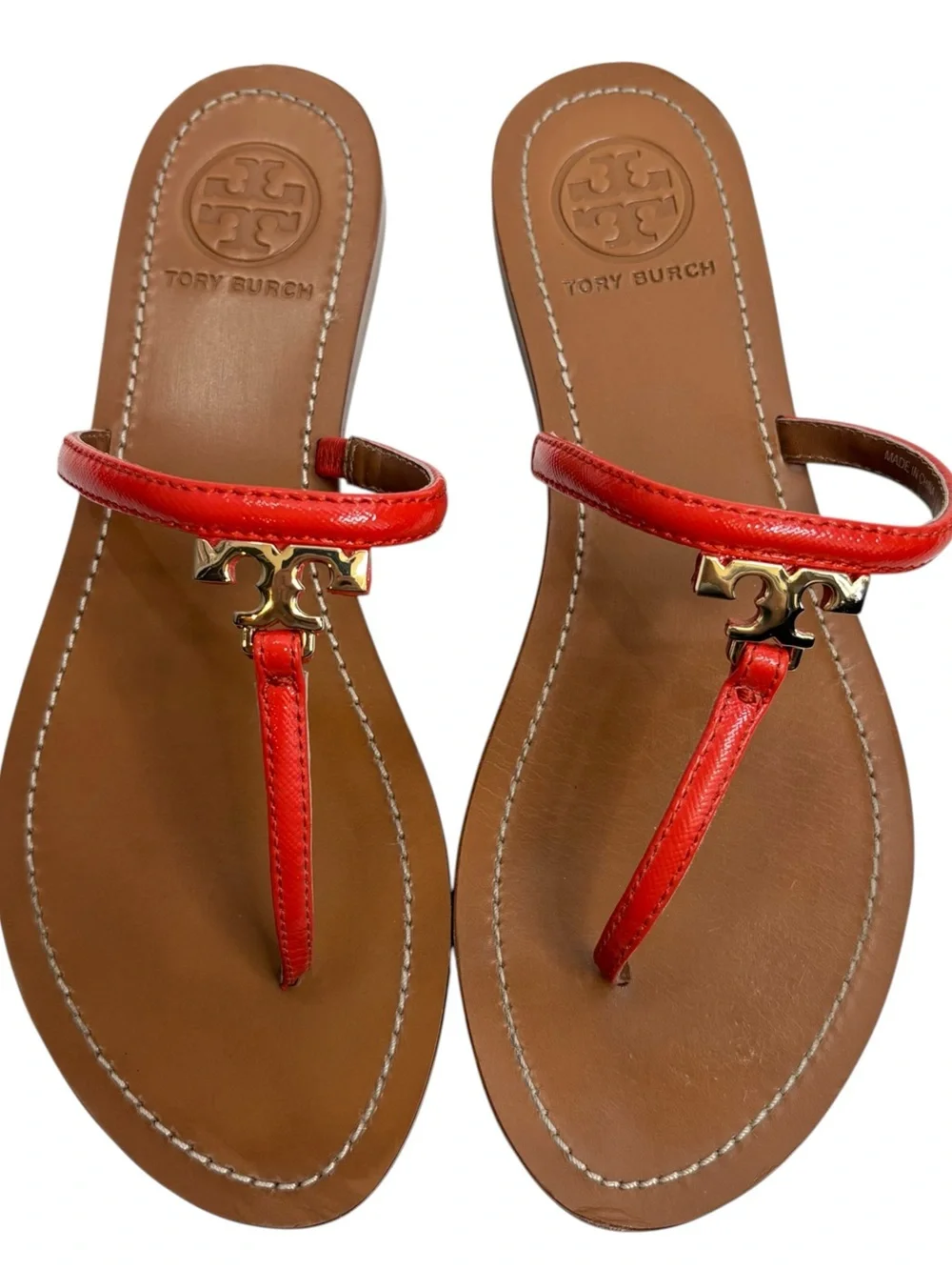 Tory Burch Red Leather Logo Thong Sandals with Gold Hardware